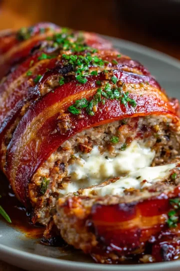 Mozzarella Stuffed Turkey Bacon Wrapped Meatloaf