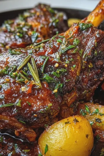 Sticky Garlic Glazed Lamb Shanks with Roasted Potatoes