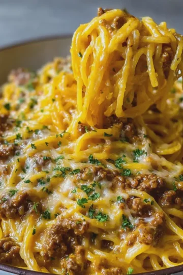 Garlic Butter Beef Spaghetti in Thick Velveeta Cheddar Cream