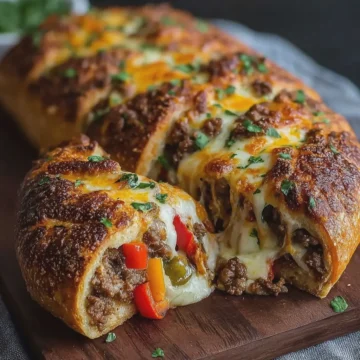 Cheesy Stuffed Bread with Ground Beef & Peppers