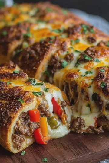 Cheesy Stuffed Bread with Ground Beef & Peppers