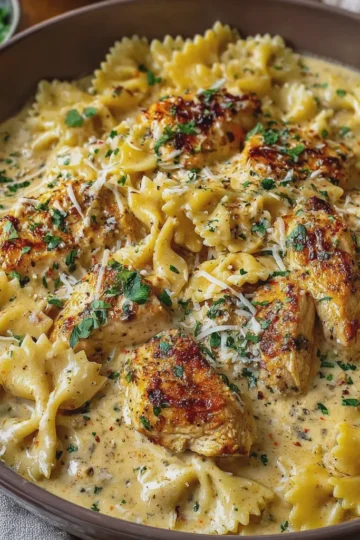 MOZZARELLA GARLIC BUTTER CHICKEN BOWTIES IN CHEESY CREAM
