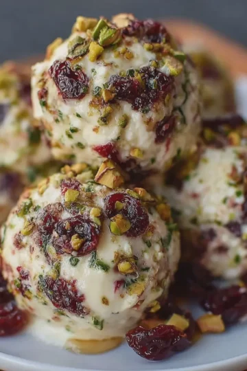 CREAMY CRANBERRY PISTACHIO CHEESE BALLS WITH HONEY