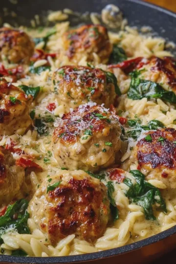 Creamy Tuscan Chicken Meatballs and Orzo
