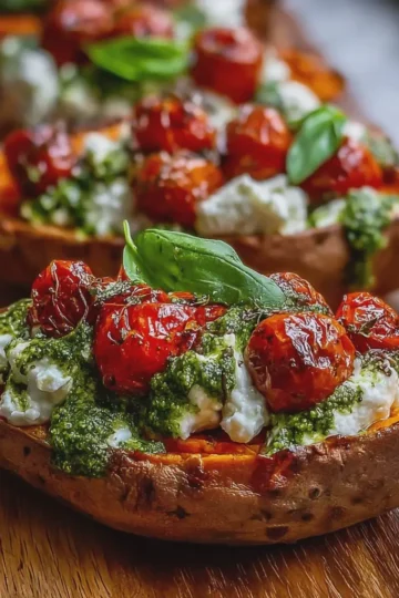 Roasted Sweet Potatoes Stuffed with Ricotta, Cherry Tomatoes & Pesto