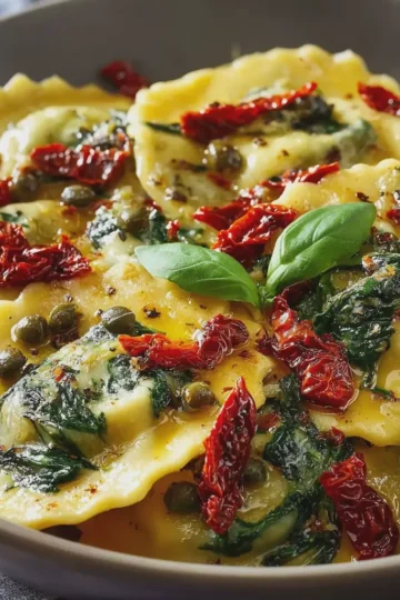 Italian Ravioli with Spinach, Artichokes, Capers & Sun-Dried Tomatoes