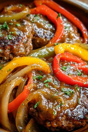 Slow Cooker Smothered Pepper & Onion Burger Steaks