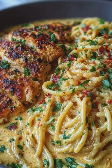 Garlic Parmesan Chicken Spaghetti in Spicy Cajun Cream Sauce