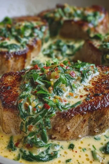 Beef Steaks in Creamy Garlic Spinach Sauce
