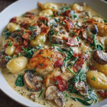 Creamy Chicken Gnocchi with Turkey Bacon, Mushrooms & Spinach
