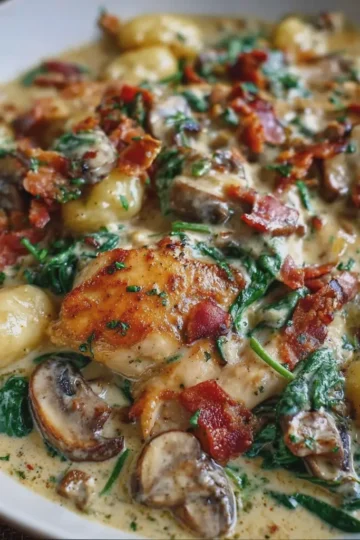 Creamy Chicken Gnocchi with Turkey Bacon, Mushrooms & Spinach