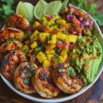 Seared Shrimp Avocado Bowls with Mango Salsa & Lime Chili Sauce