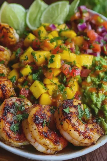 Seared Shrimp Avocado Bowls with Mango Salsa & Lime Chili Sauce