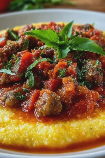 Creamy Polenta and Beef Sausage with Rich Tomato Sauce