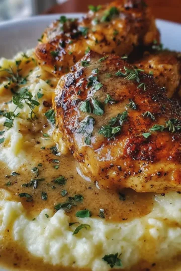 Chicken and Garlic Gravy with Cheesy Mashed Potatoes
