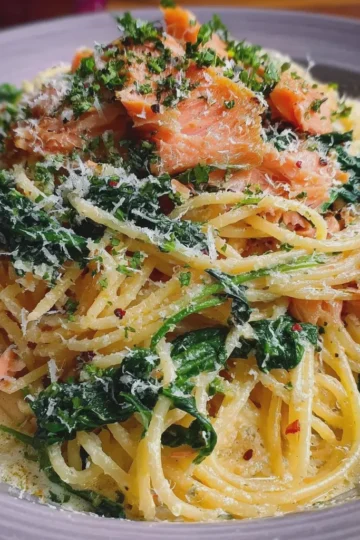 Spaghetti Carbonara with Smoked Salmon & Spinach