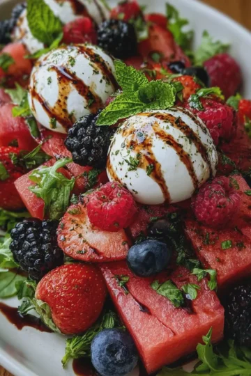 Watermelon, Burrata & Berry Salad with Balsamic Glaze