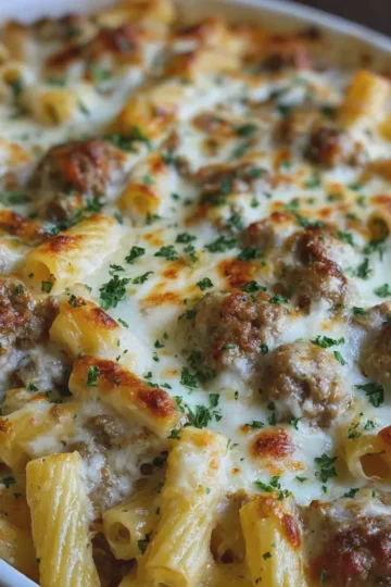 Creamy Beef Alfredo Ziti Casserole