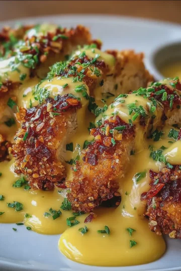 Pretzel Chicken with Mustard-Cheddar Sauce