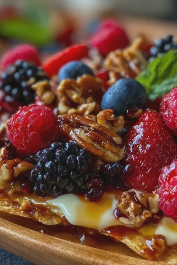 Mixed Berry Brie Nachos with Hot Honey & Candied Pecans
