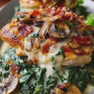 Smothered Chicken with Creamed Spinach, Bacon & Mushrooms