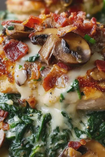 Smothered Chicken with Creamed Spinach, Bacon & Mushrooms