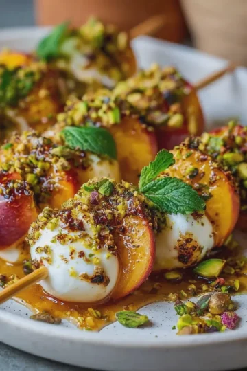 Peach Burrata Skewers with Hot Honey Pistachio Crunch