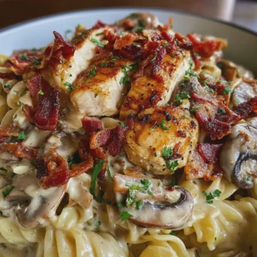 Creamy Garlic Parmesan Chicken Pasta with Crispy Turkey Bacon & Sautéed Mushrooms