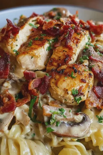 Creamy Garlic Parmesan Chicken Pasta with Crispy Turkey Bacon & Sautéed Mushrooms