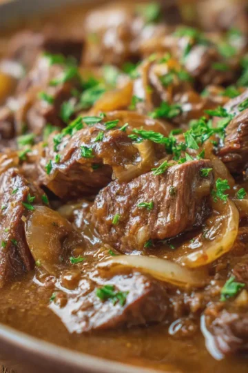 Crockpot French Onion Beef Tips and Gravy