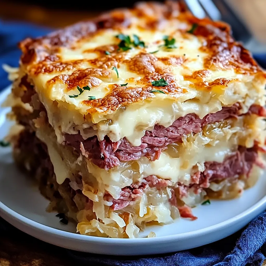 Reuben Bake with Layers of Corned Beef, Sauerkraut, and Swiss Cheese