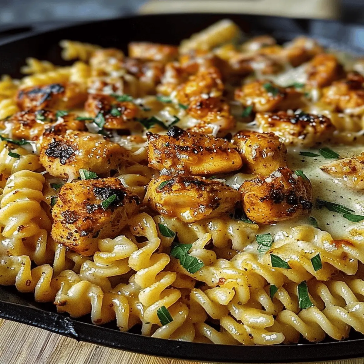 Cheesy Cajun Garlic Chicken Rotini Skillet