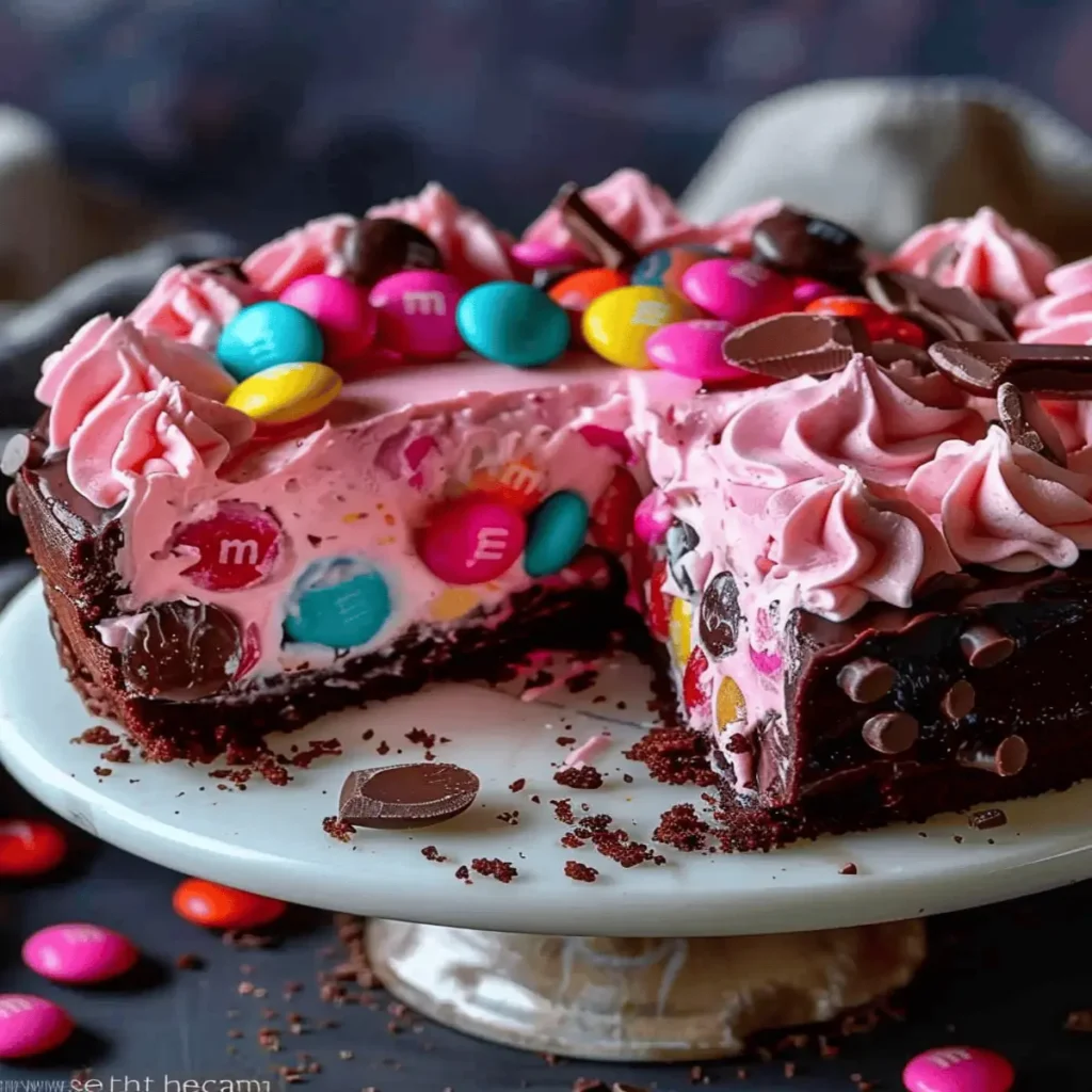 Pink M&M Snickers Cheesecake