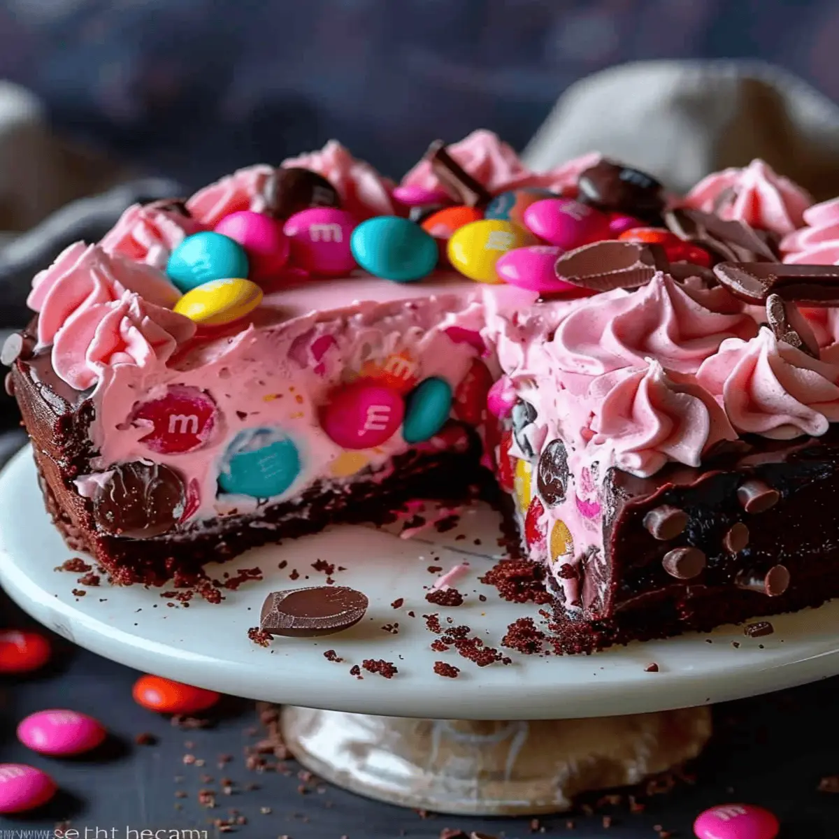 Pink M&M Snickers Cheesecake