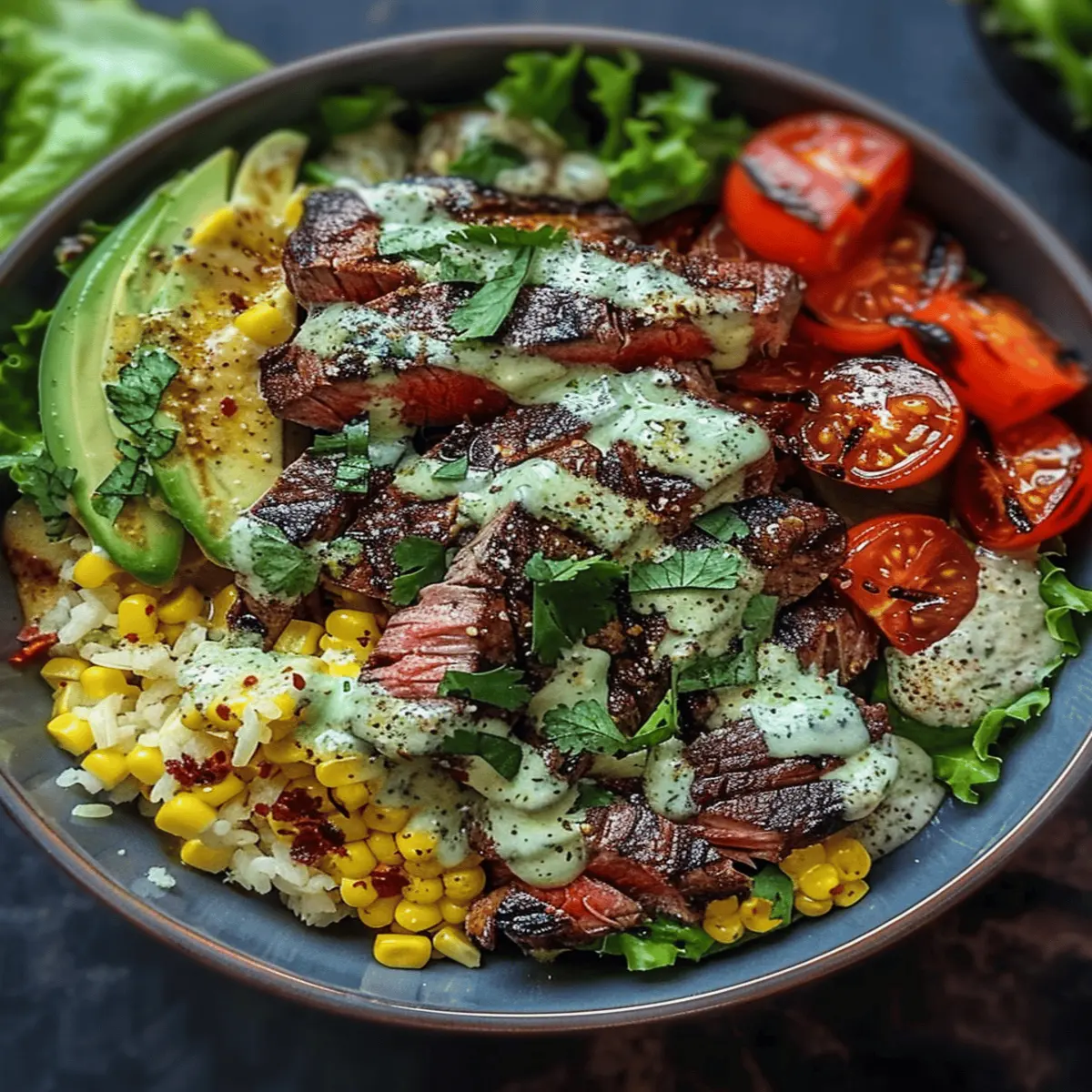 Steak, Avocado, and Roasted Corn Bowl with Cilantro Cream Sauce