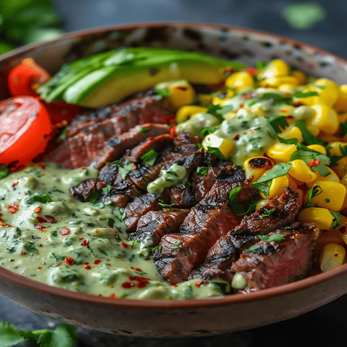 Steak, Avocado, and Roasted Corn Bowl with Cilantro Cream Sauce