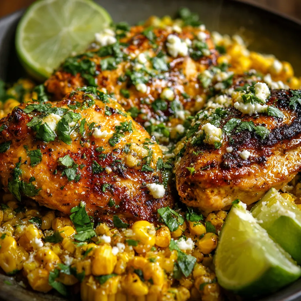 Grilled cilantro-lime chicken with creamy Mexican street corn on a plate