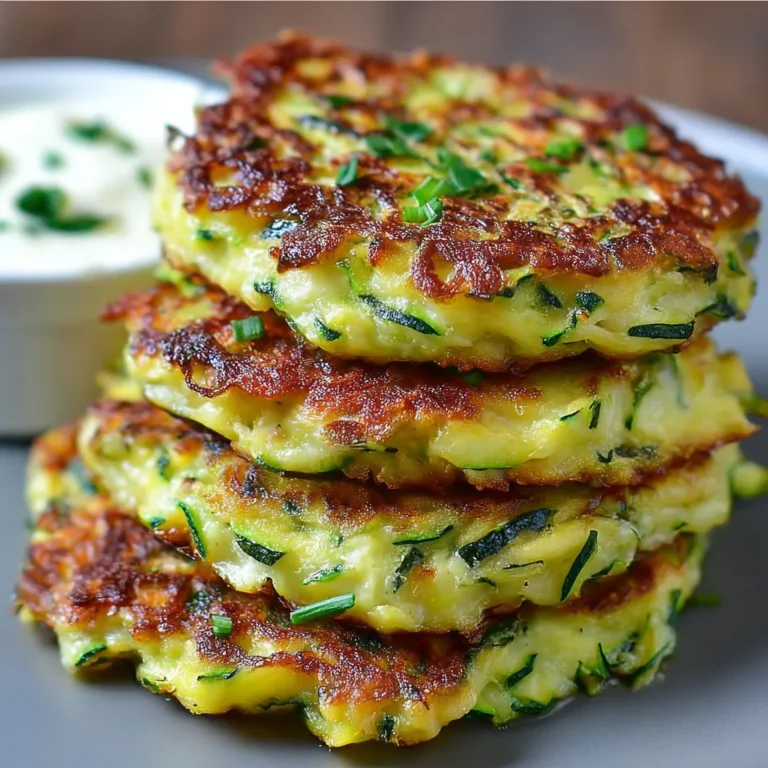 Crispy zucchini fritters stacked on a plate with a side of dipping sauce