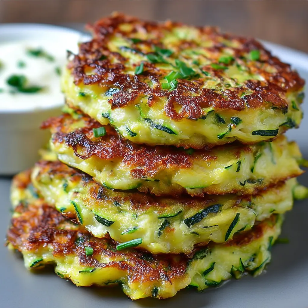 Crispy zucchini fritters stacked on a plate with a side of dipping sauce