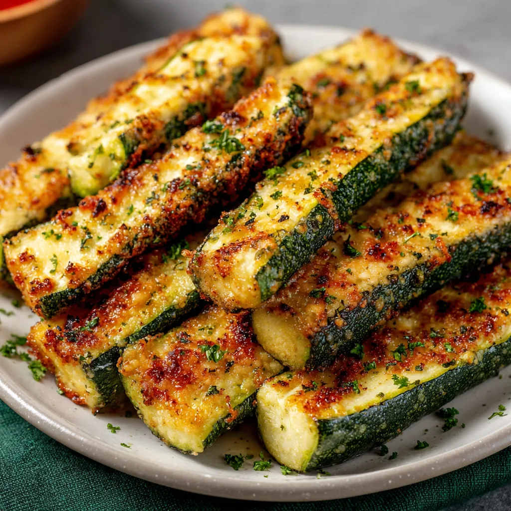 Air fryer zucchini slices on a plate with dipping sauce
