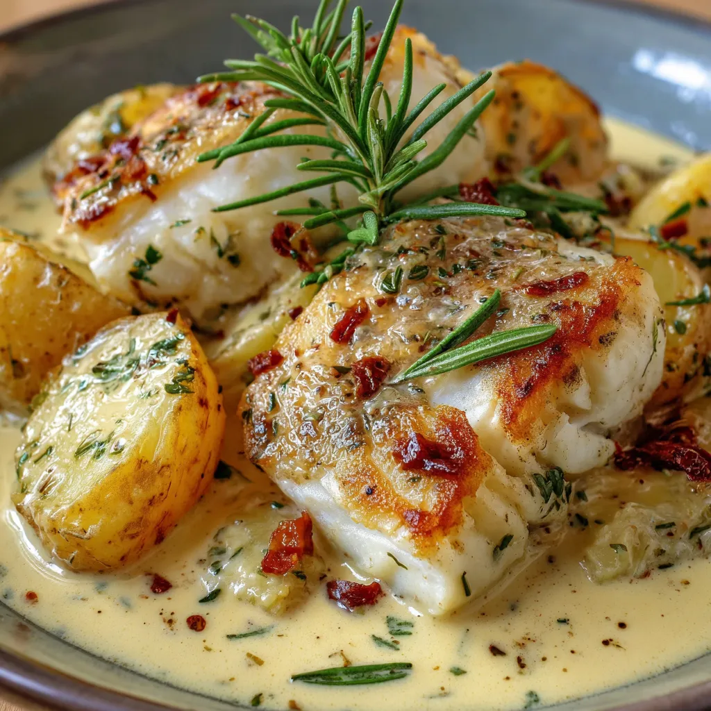 Plated cod fillet with creamy rosemary sauce and golden potatoes