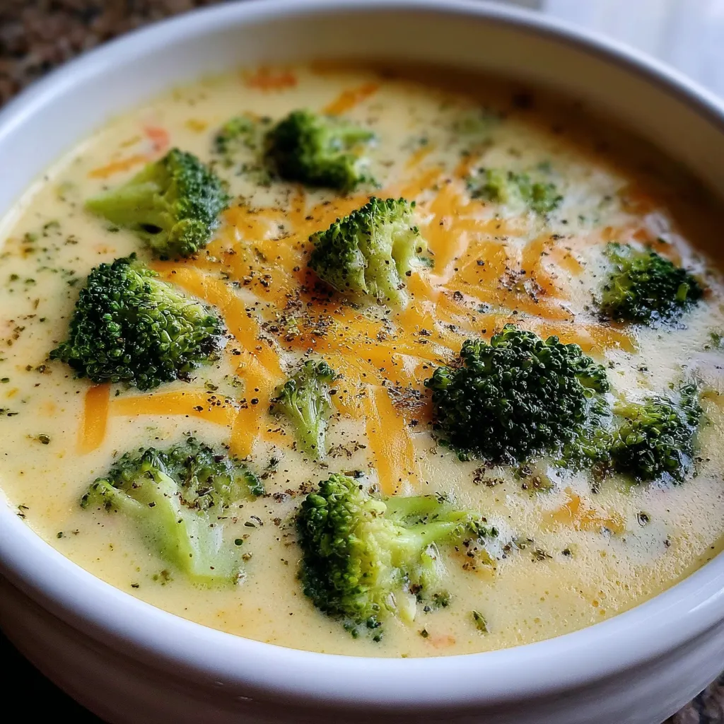 Bowl of creamy broccoli cheese soup topped with shredded cheddar and fresh chives