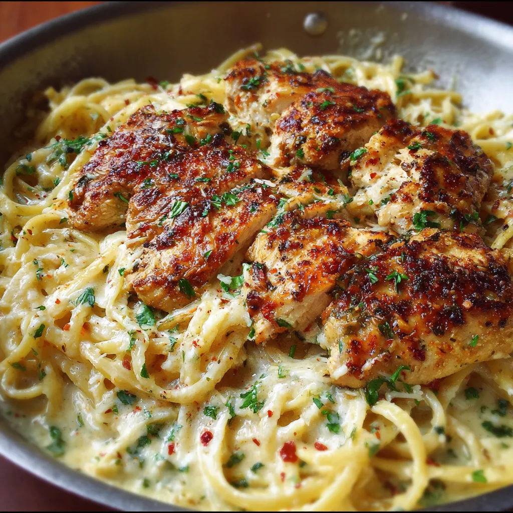 Creamy Chicken Pasta served with white wine Parmesan sauce and fresh herbs