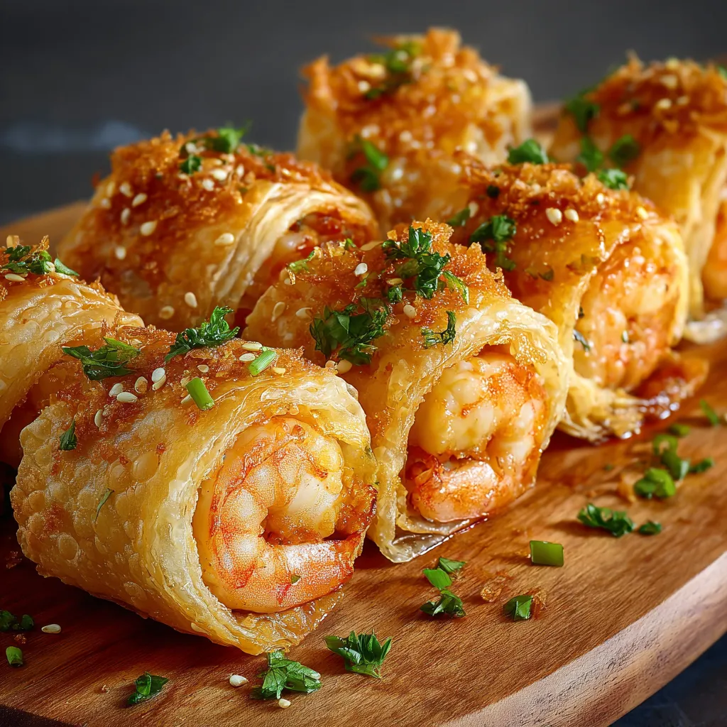 Golden crispy shrimp puff rolls arranged on a plate with dipping sauces