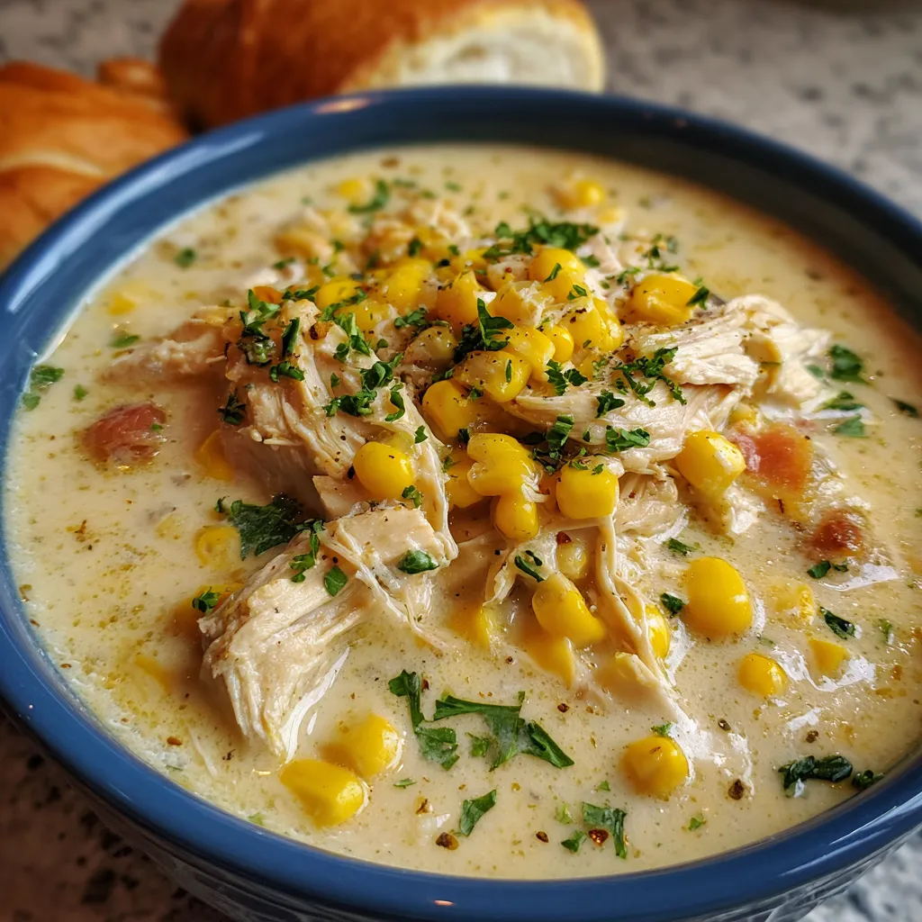 A bowl of Crockpot Creamy Chicken and Corn Chowder topped with chopped parsley.