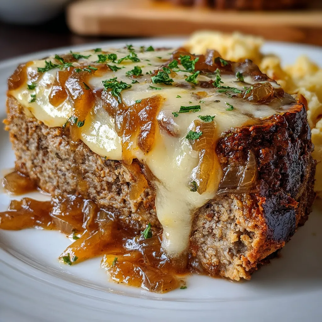 Crockpot French onion meatloaf topped with melted Swiss cheese and caramelized onions