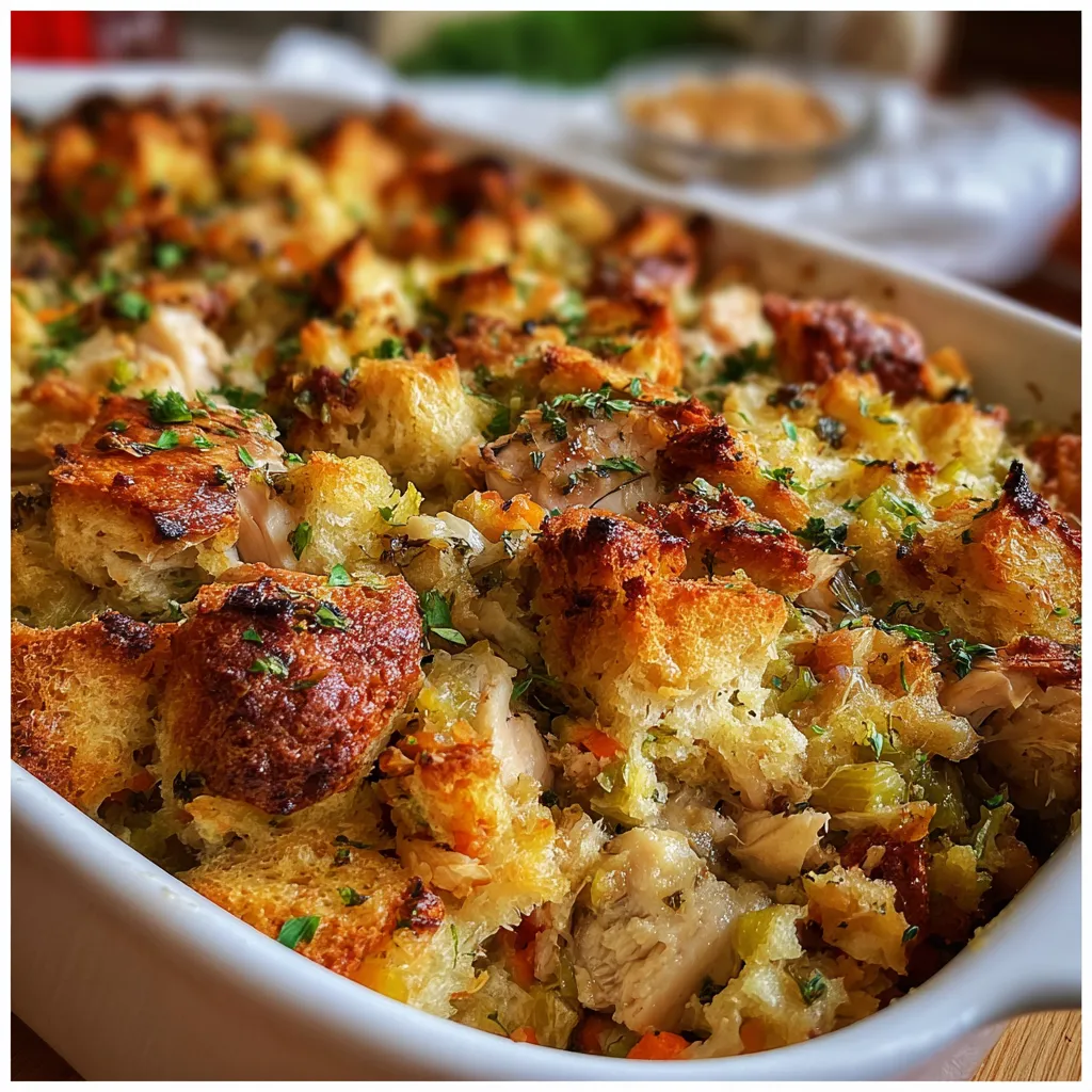 Dolly’s Chicken and Stuffing Casserole freshly baked in a 9x13 pan with golden stuffing topping