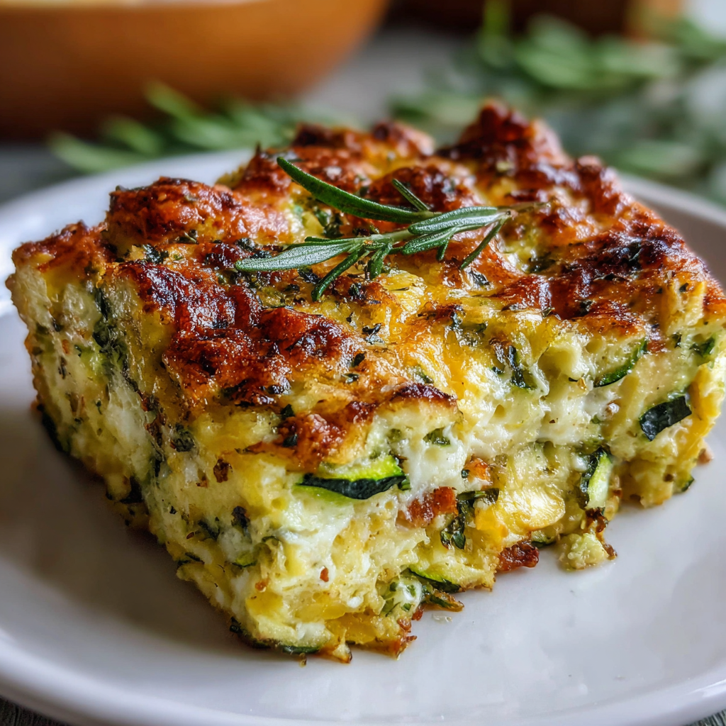 Garden Zucchini Casserole baked golden‑brown in a casserole dish topped with crispy breadcrumb and cheese crust.