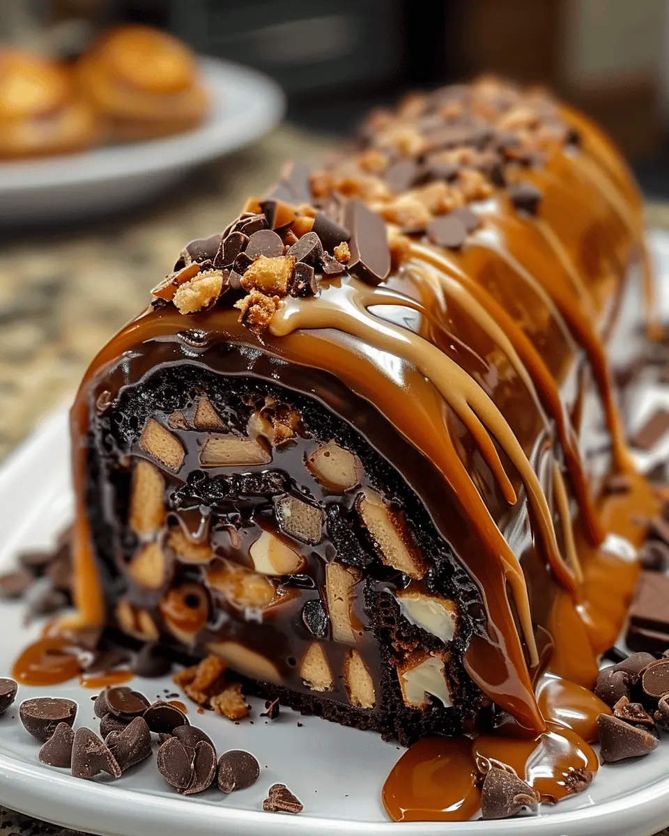 Gooey Chocolate Caramel Turtle Cake Roll