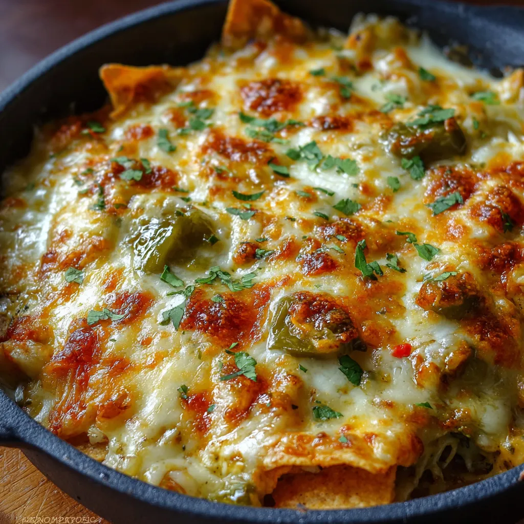 Green chile and extra cheese chilaquiles in a skillet, topped with crema, cilantro, and avocado slices